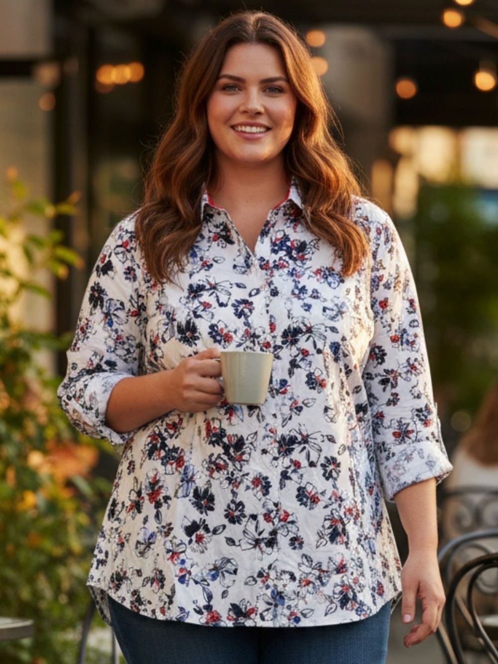 🫶🏻 CJ Banks Floral Button-Up Women’s Shirt - White with Navy & Red